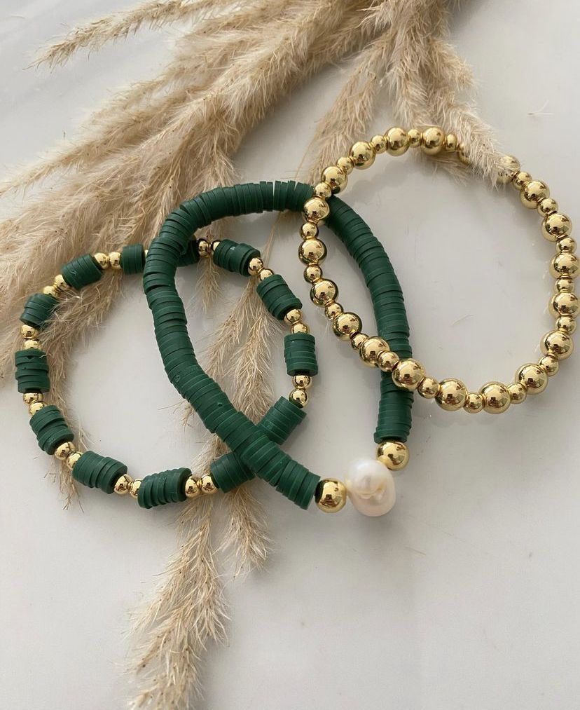 3-pack Bästsäljande Heishi Armband Set – Guld, Pärla & Valfri Färg!