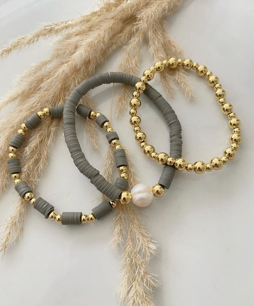 3-pack Bästsäljande Heishi Armband Set – Guld, Pärla & Valfri Färg!
