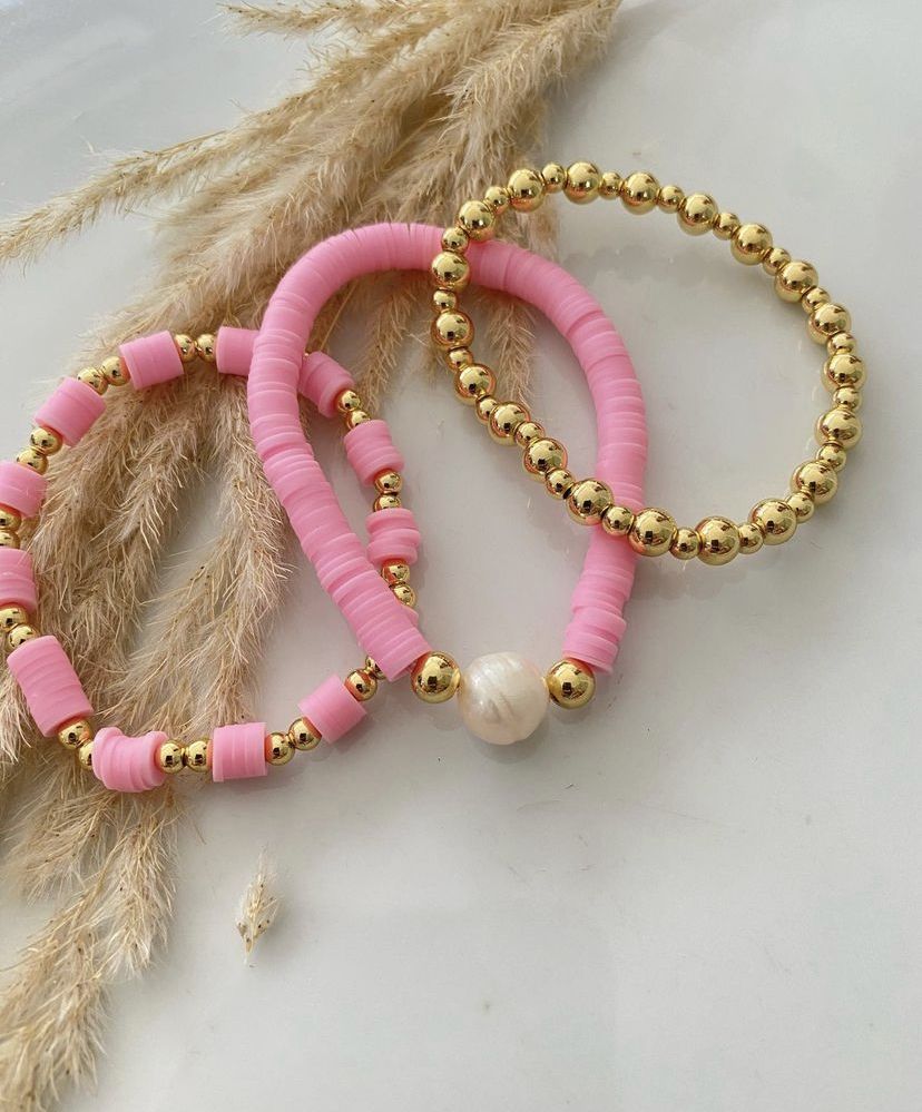 3-pack Bästsäljande Heishi Armband Set – Guld, Pärla & Valfri Färg!